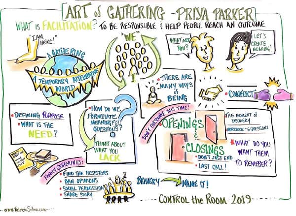 L: Priya opens the day; R: Graphic recording of Priya Parker’s talk by Patrica Selmo.